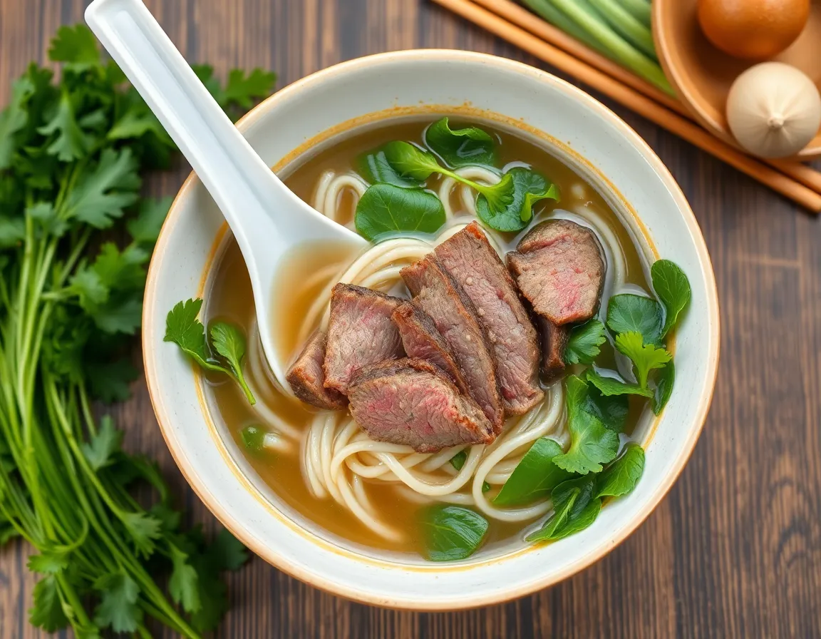 Bát phở bò với rau thơm tươi
