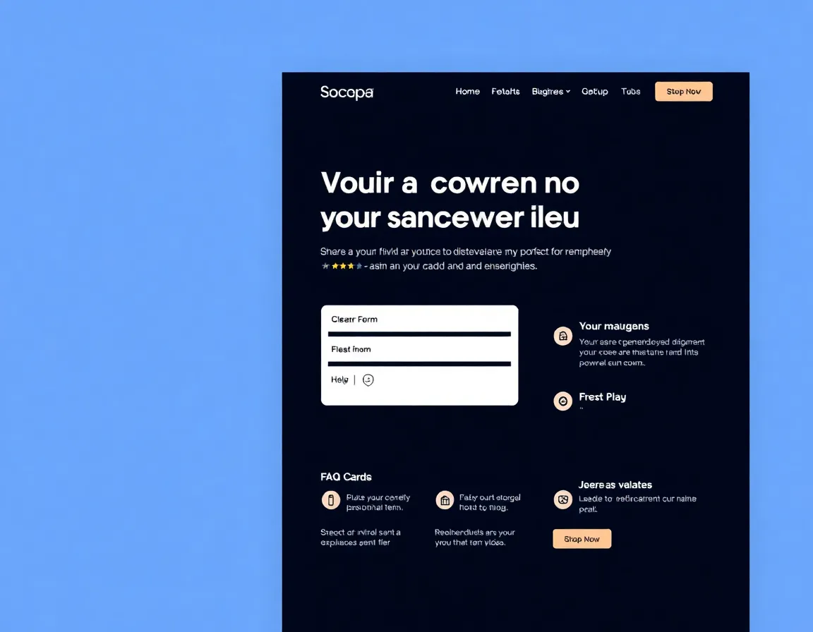 Landing page wireframe with hero, form, trust badges, and FAQ sections.