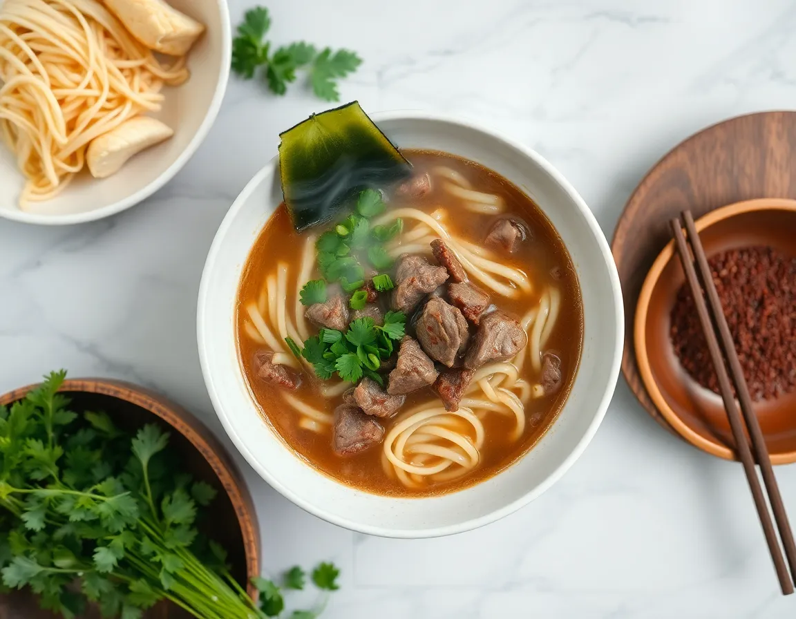 Tô phở bò nóng hổi với rau thơm và nước dùng trong