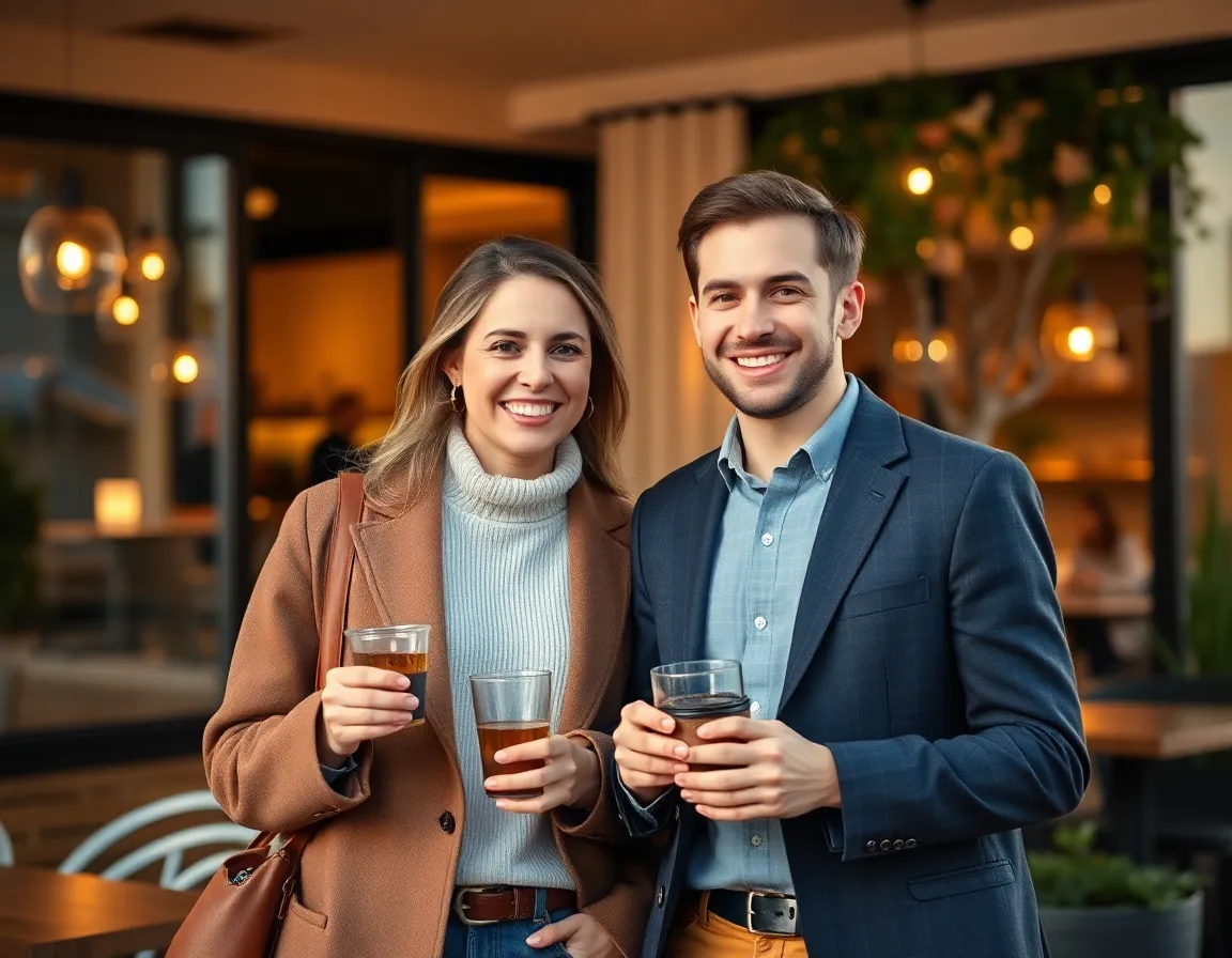 Two singles arriving at a cozy café for a relaxed first meetup