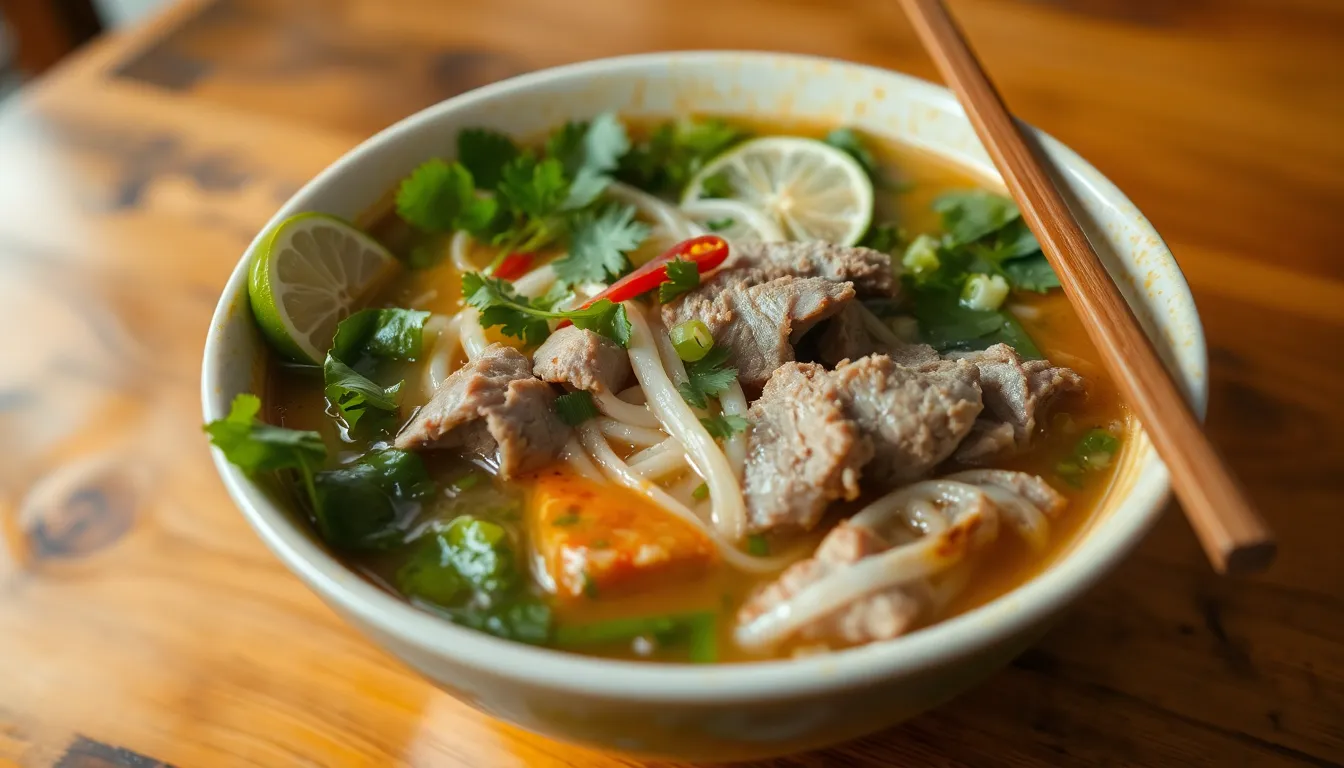 Tô phở bò nóng hổi với rau thơm và chanh ớt