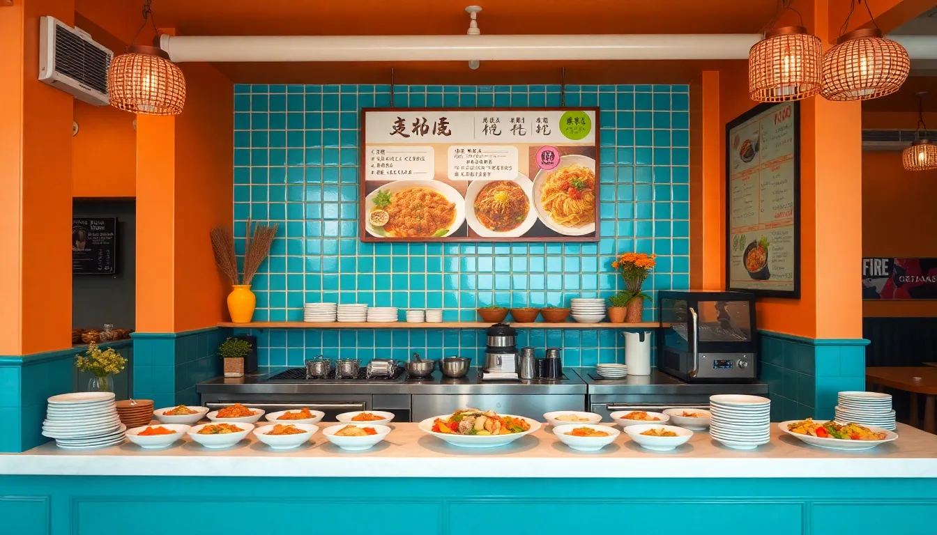 Không gian quán ăn hiện đại với món ăn được bày gọn và menu nổi bật