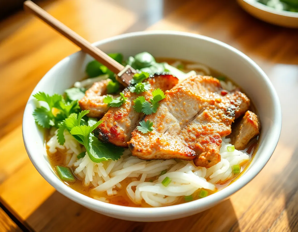 Cơm tấm sườn nướng với bì và chả, trình bày hấp dẫn