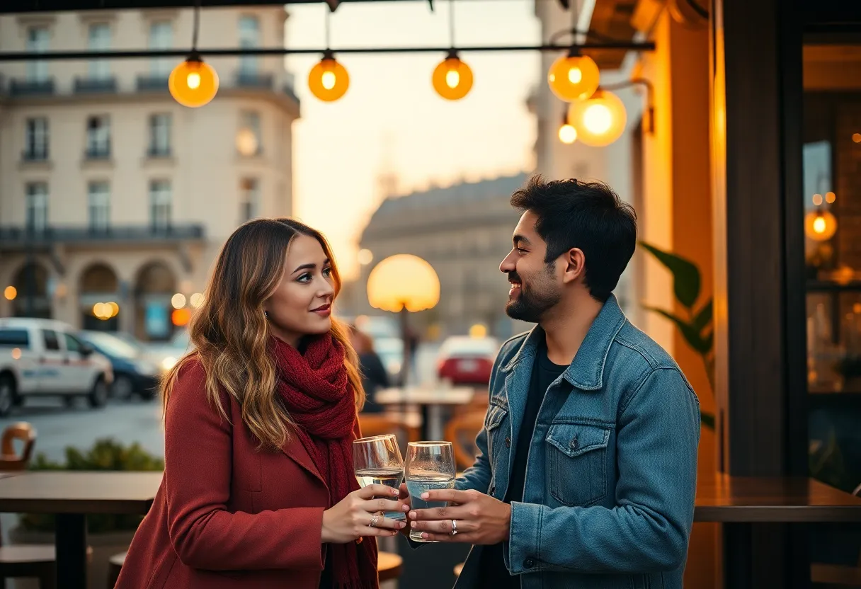 Warm editorial image of two adults arriving for a first dating meetup in a stylish evening cafe setting