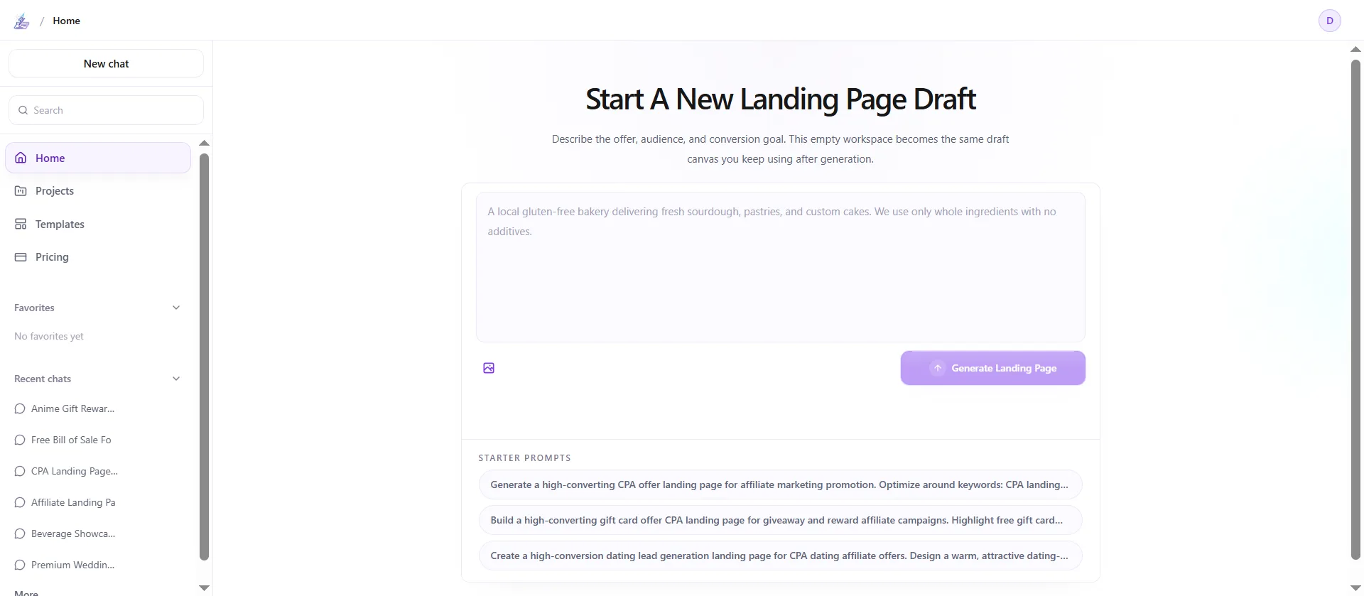 新しいランディングページを生成するLanding-PageのAI作成画面
