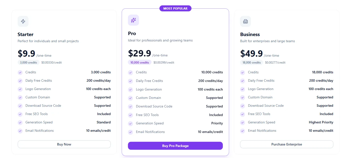 Landing-PageのStarter、Pro、Business料金プラン