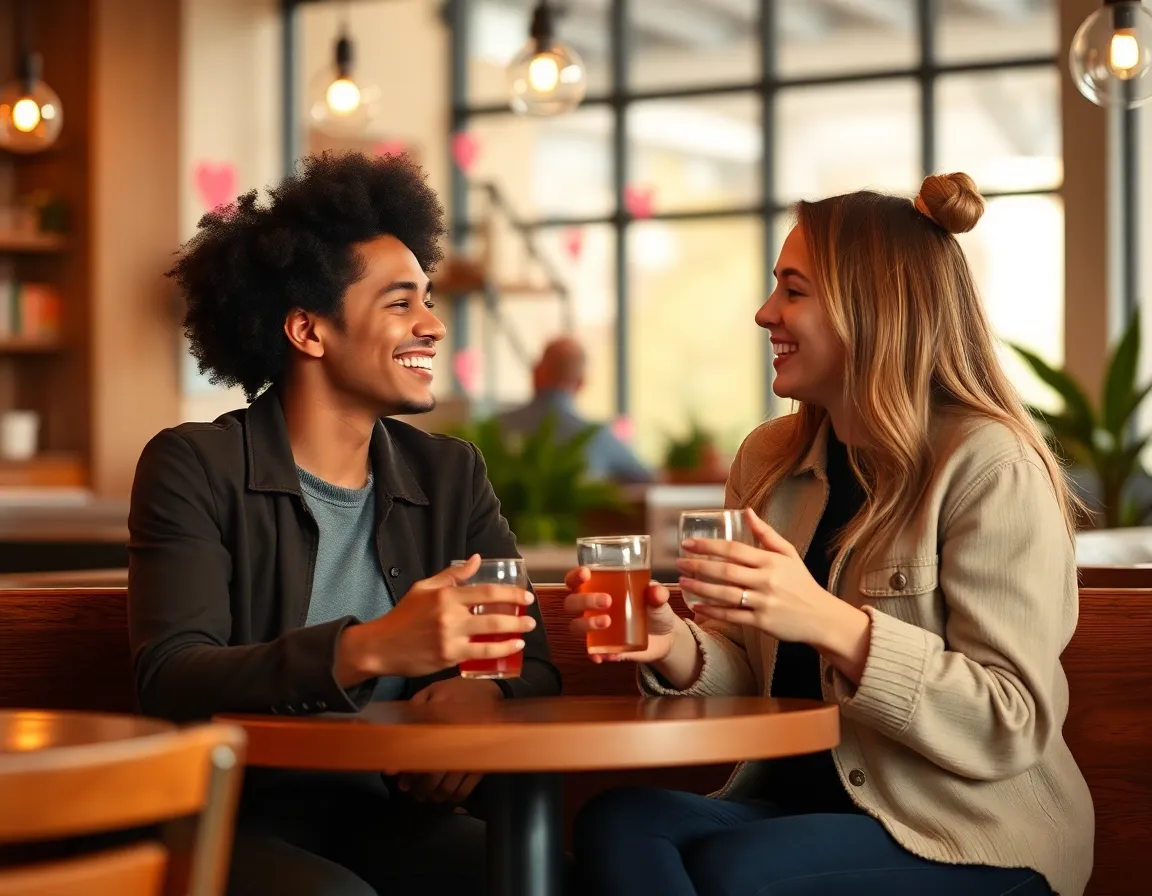 Smiling singles chatting in a cozy cafe