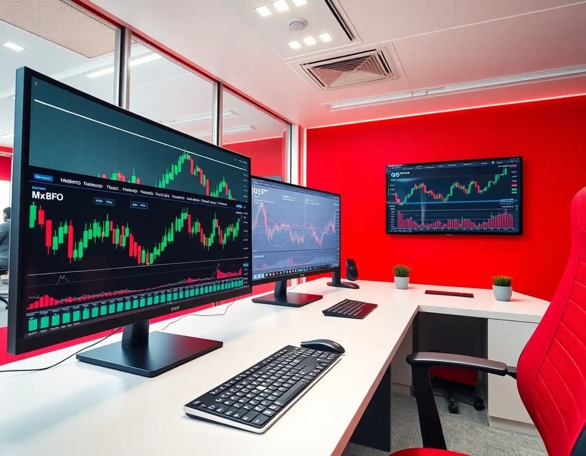 Suasana trading forex modern dengan layar chart dan aksen merah putih