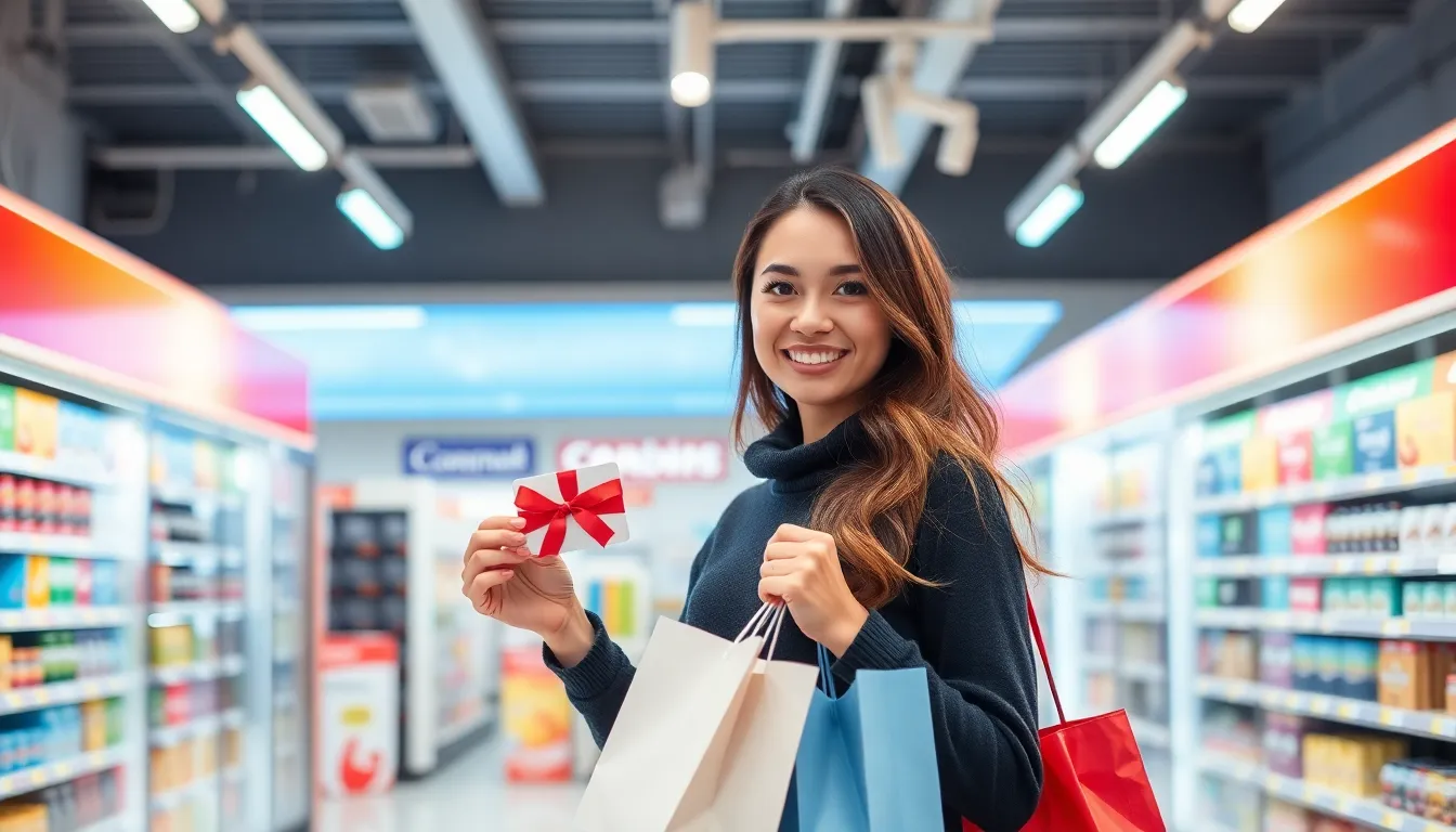 Happy customer holding a gift card in a bright convenience-store-inspired setting
