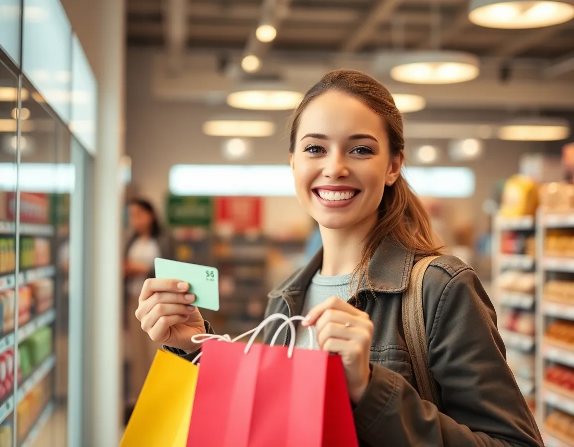 Smiling customer holding a gift card with shopping bags