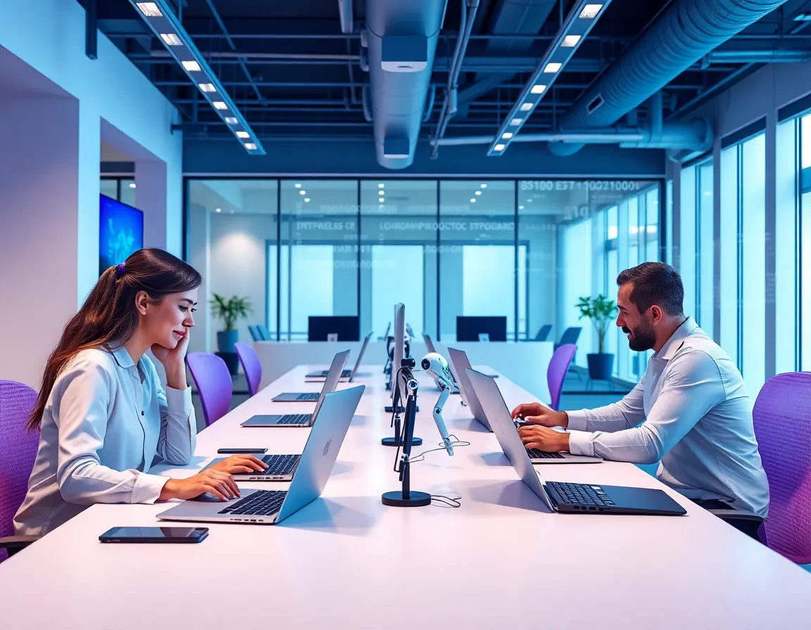Modern workspace with AI technology and remote professionals