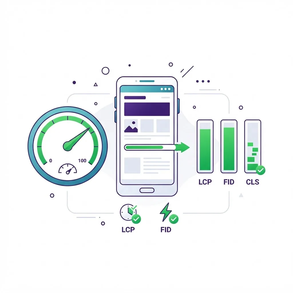 Illustration du référencement technique avec une jauge de vitesse verte, une page mobile à chargement rapide et des compteurs Core Web Vitals