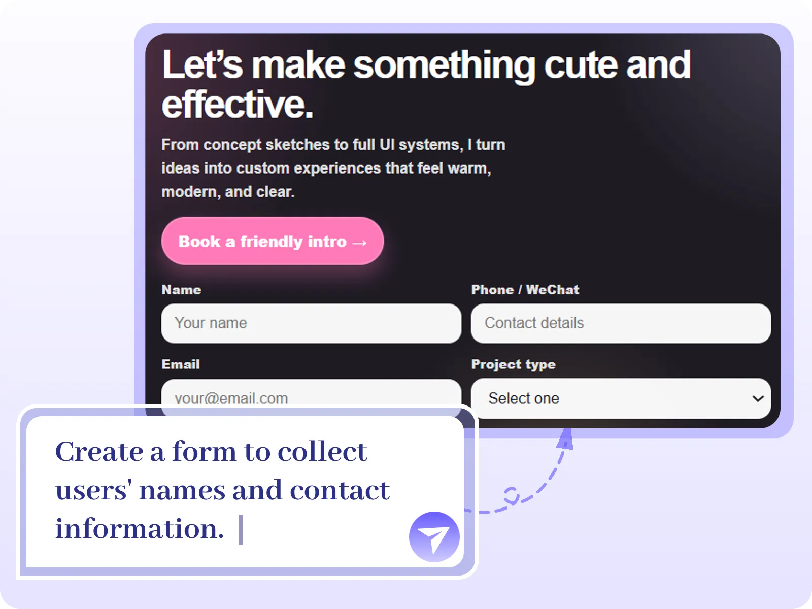 AI-generated form example with name, email, phone, and project type fields
