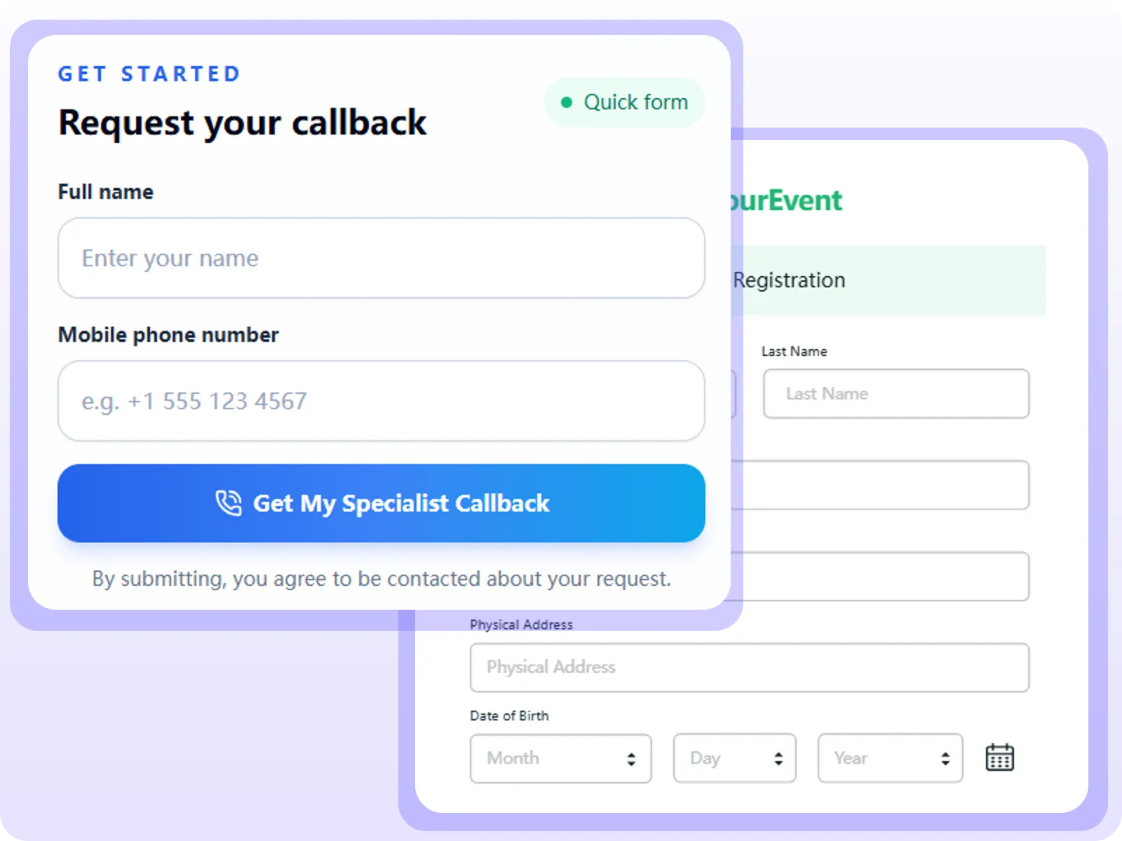 AI-generated callback request form with name, phone, and project type fields