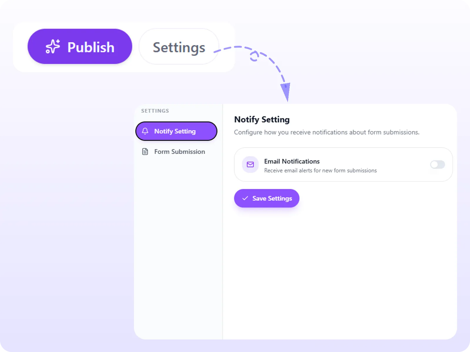 Landing page settings showing notification configuration for form submissions
