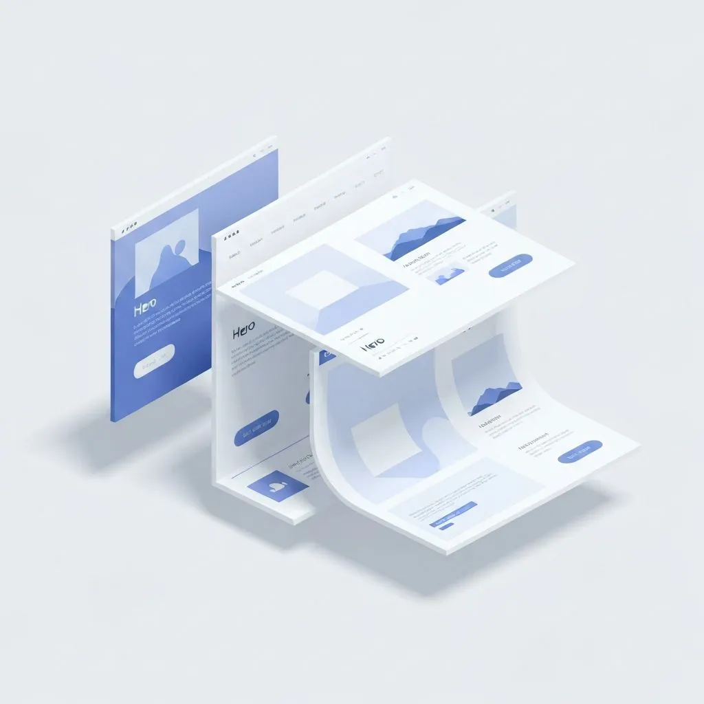 Multiple AI-generated landing page designs stacked and layered, showcasing the variety of websites an AI builder can create