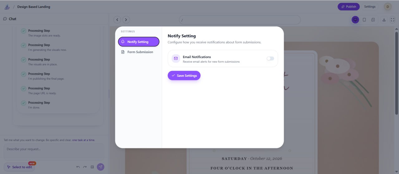 Painel de configuração de notificações de envio de formulário