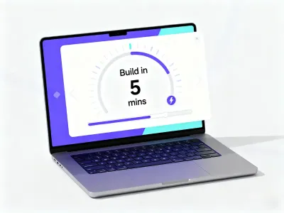 Laptop with "Build in 5 mins" for fast page building.