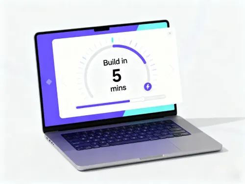 Laptop with "Build in 5 mins" for fast page building.