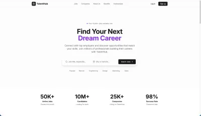 Connect job seekers with employers. Showcase jobs, company logos, and sign-up CTAs.