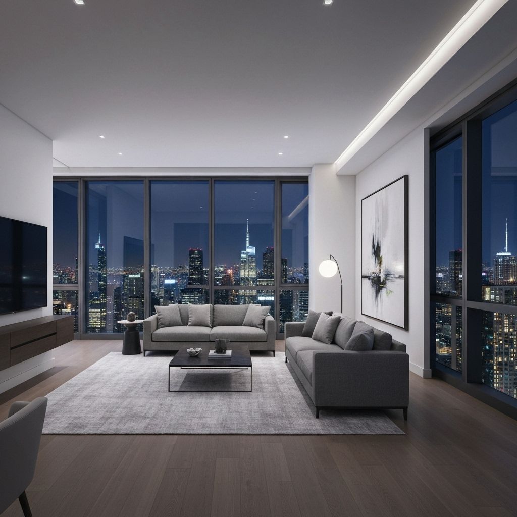 Willow Park Residences Unit 19B - Modern living room with floor-to-ceiling windows and downtown Austin skyline views